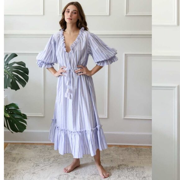 Tuckernuck | Mille Linnea Dress Periwinkle Stripe Tie Neck Ruffle Midi Size L - Picture 2 of 16
